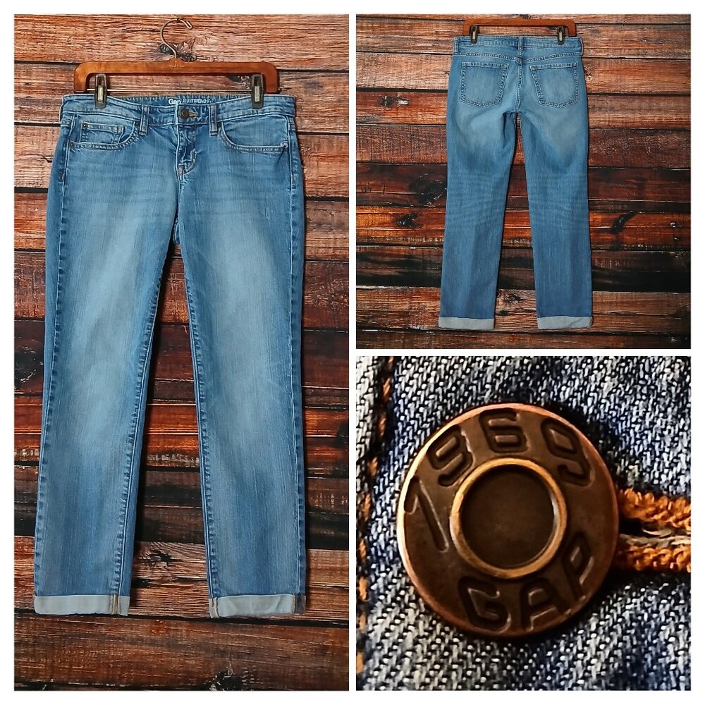 GAP Jeans 28 6 Boyfriend Fit Low Rise Cuffed Crop Blue Denim Stretch 2014